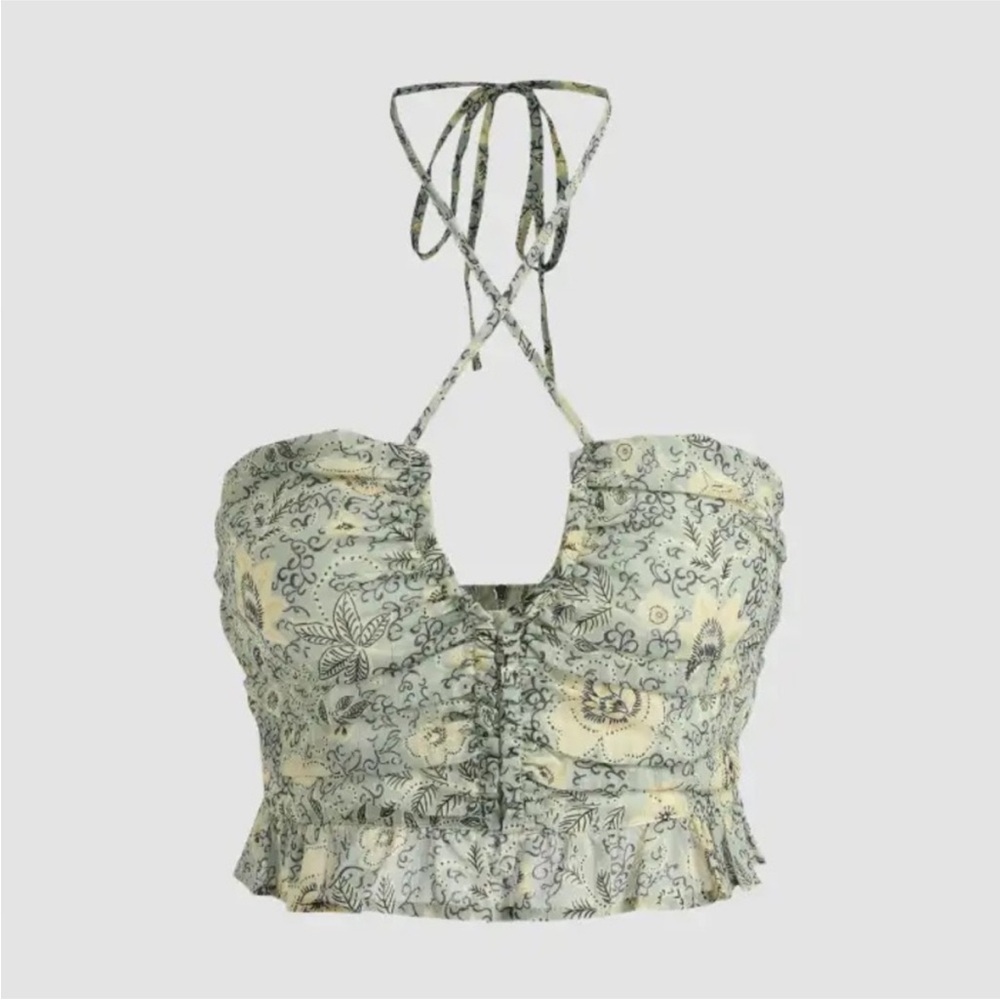 Zara Cream and Gray Floral Crop Top